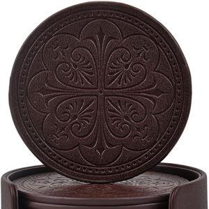 Drink Coasters,PU Leather Bar Beer Beverage Coaster for Drinks Set of 6 with Holder Coasters for Wooden Table Coffee Table Absorbent, Easy Clean Cup Coaster Easter Housewarming Gifts