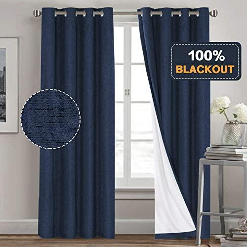 Primitive Textured Linen 100% Blackout Curtains for Bedroom/Living Room Energy Saving Window Treatment Curtain Drapes, Burlap Fabric with White Thermal Insulated Liner (52 x 84 Inch, Navy)