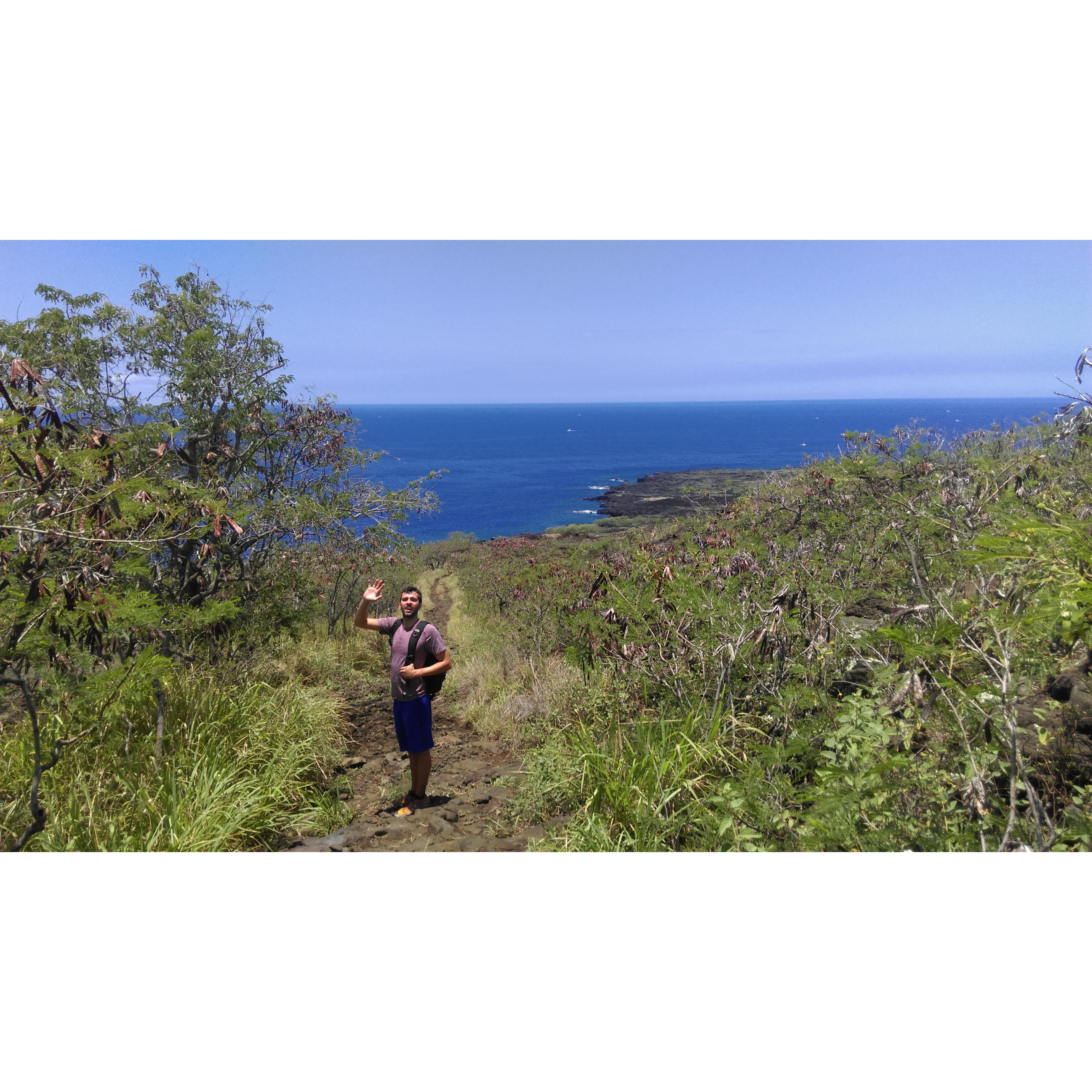 Brother and groomsman Jake hiking to Captain Cook Monument/Kealakekua Bay