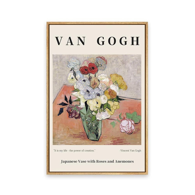 Reproductions of Van Gogh Paintings Japanese Vase with Roses and Anemones Canvas Wall Art for Living Room, Bed Room, Office Home Decoration 12x16in (Natural Framed)