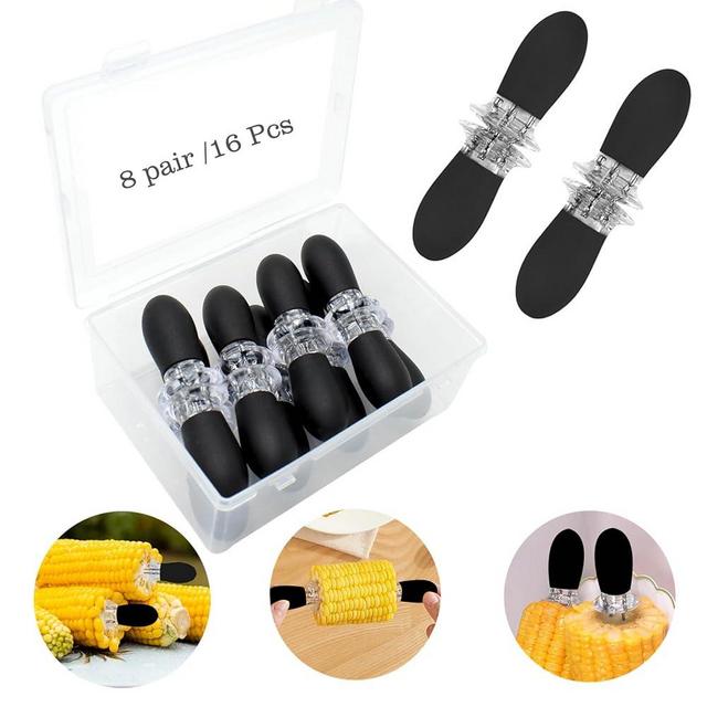 16Pcs/8 Pairs Black Corn Holders,PEOUWNES Stainless Steel Corn Cob Holders Corn on The Cob Skewers, Corn on The Grill, Interlocking Design Corn Skewers Forks for Home Cooking BBQ Parties Camping