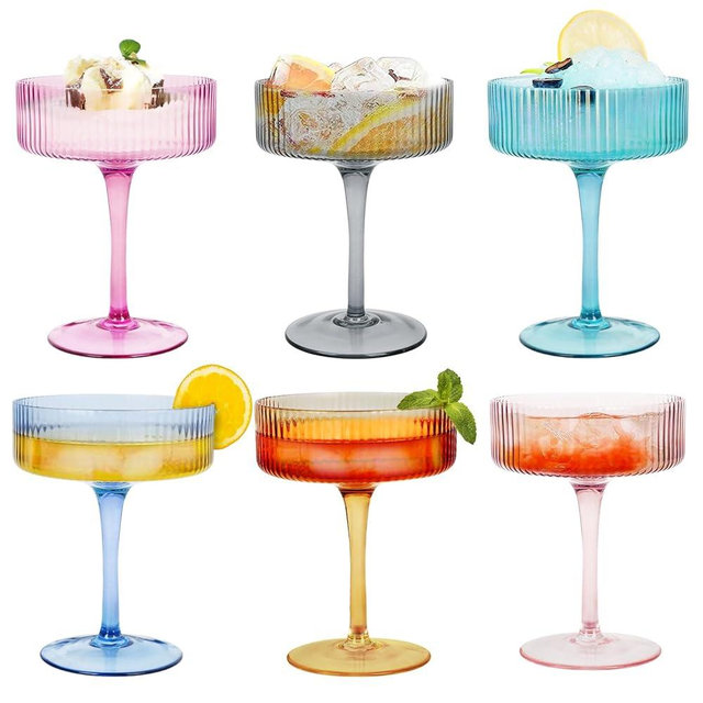 Colored Art Deco Coupe Glasses Set of 6, Vintage Martini Glasses, Quality Ribbed Cocktail, Champagne, Martini, Wine Glasses, Perfect for Parties, Gifts, Champagne, Weddings, Aniversary(Multi)