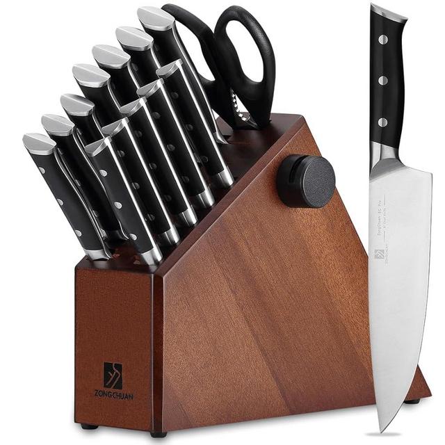 Zongchuan 15-Piece Knife Set,Ultra-Smooth Cutting Professional Grade Sharp,50Cr15Mov Stainless Steel Kitchen Knife Set With Block And Sharpener,Handle Ergonomic And Full Tang Design,With Gift Box
