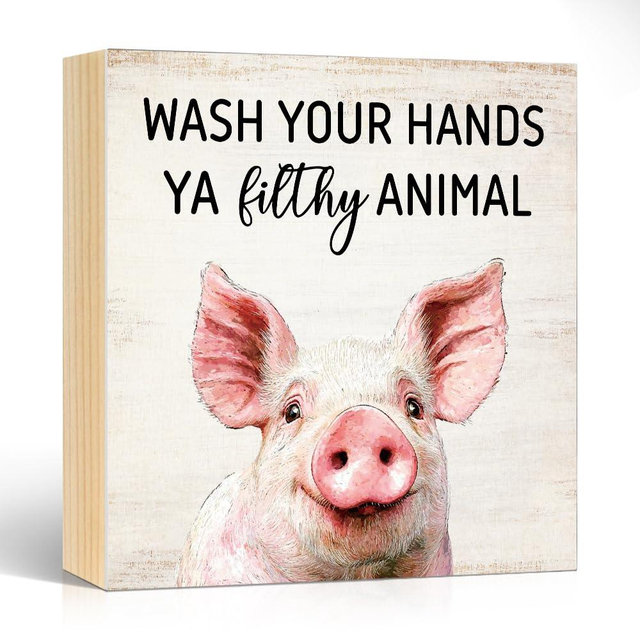 Pishovi Wash Your Hands Ya Filthy Animal Wooden Box Sign, Funny Pig Themed Bathroom Sign, Humorous Desktop Ornament for Living Room Bedroom Restroom Toilet Office Home, Rustic Farmhouse Wood Sign