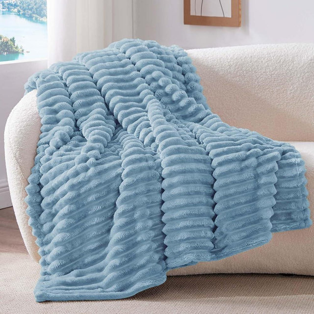 BEDELITE Fleece Throw Blanket for Couch - 300GSM Soft & Warm Fluffy Light Blue Blanket, Decorative and Giftable Striped Blankets for Women, Men, 50"x70"