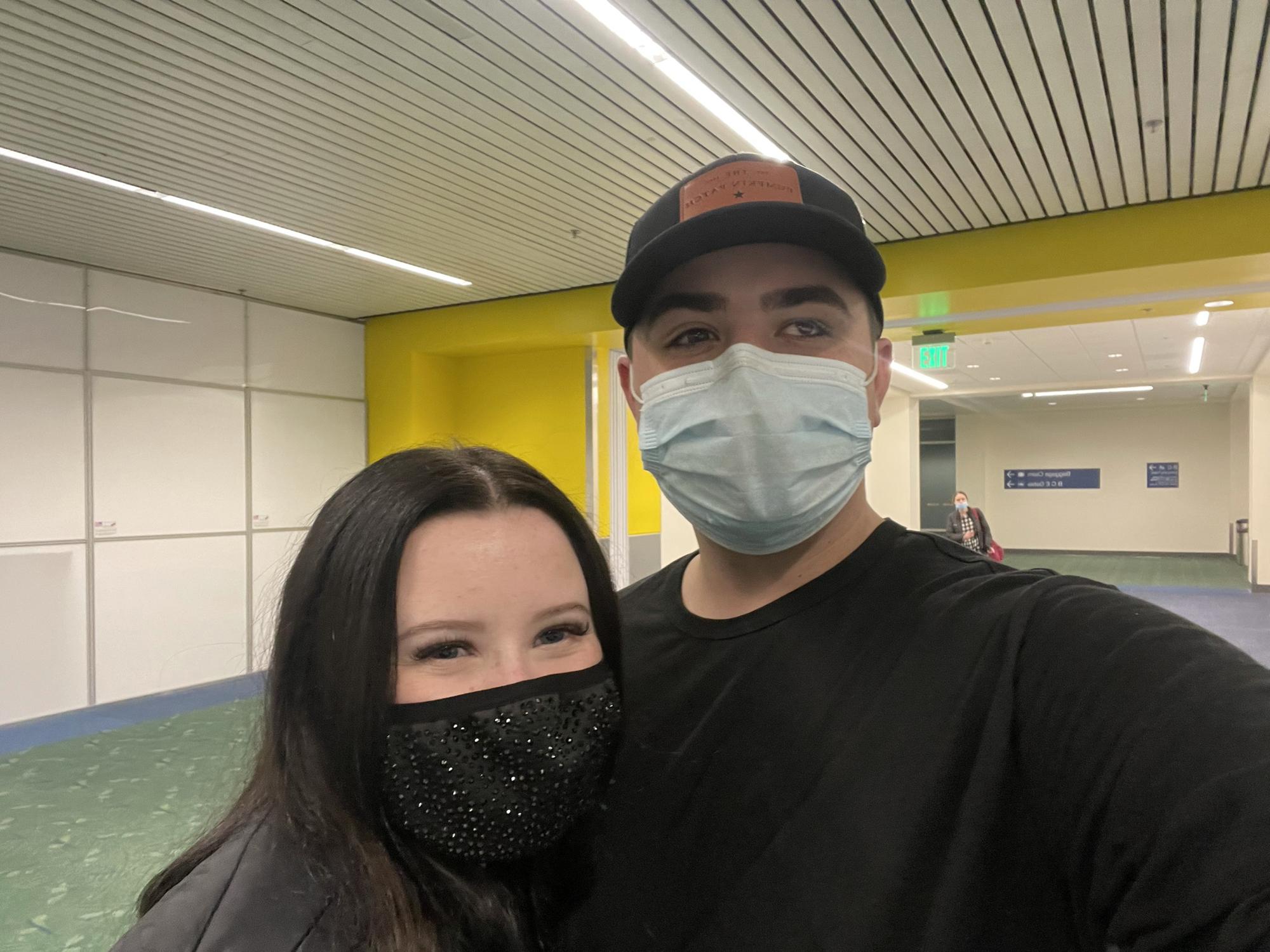 Maya and Dustin at the PDX airport about to board a plane for a spontaneous trip to Las Vegas, Nevada 2021