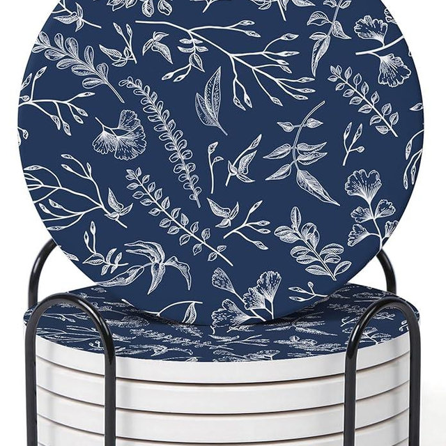 Hoomey Set of 6 Floral Navy Blue Coasters with Holder, Absorbent Ceramic Drink Coasters with Cork Backing for Table Protection, Coffee Table Décor