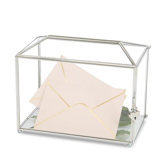 WHSLILR 12.6" Glass Card Box Wedding Card Box with Lock for Wedding Reception Cosmetic Home Decor, Handmade Large Geometric Terrarium with Hinged Lid, Brass Frame - (Stainless steel/Roof)