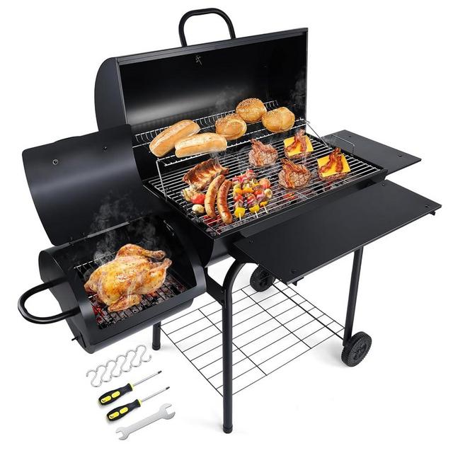 HaSteeL Charcoal Grill Offset Smoker, Heavy Duty Portable Barbecue Grill with 780 SQ.IN. Cooking Grilling Area, BBQ Barrel Grills with Wheels for Outdoor Patio, Side Table & Adjustable Carbon Pan