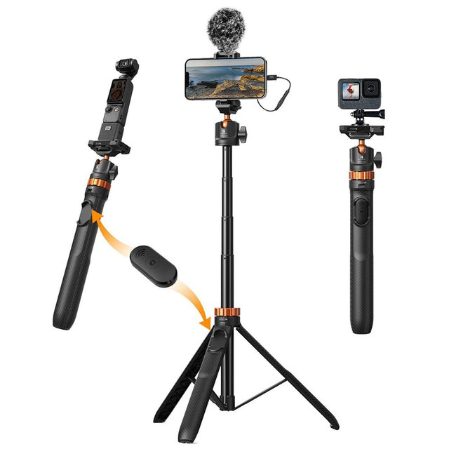 K&F CONCEPT 62'' Phone Selfie Stick Tripod, 2-in-1 Extendable Cell Phone Tripod Stand with Remote, 360° Ball Head Camera Tripod Compatible with DJI Osmo Pocket 4/3 Action 6/5Pro GoPro 13/12 iPhone.