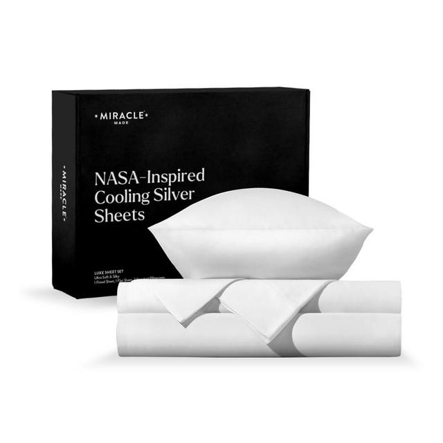Miracle Made Extra Luxe Soft Cooling Bed Sheet Set, 4-Piece, Silver-Infused Cotton Fabric, Breathable Bedding for hot Sleepers, Split King, White