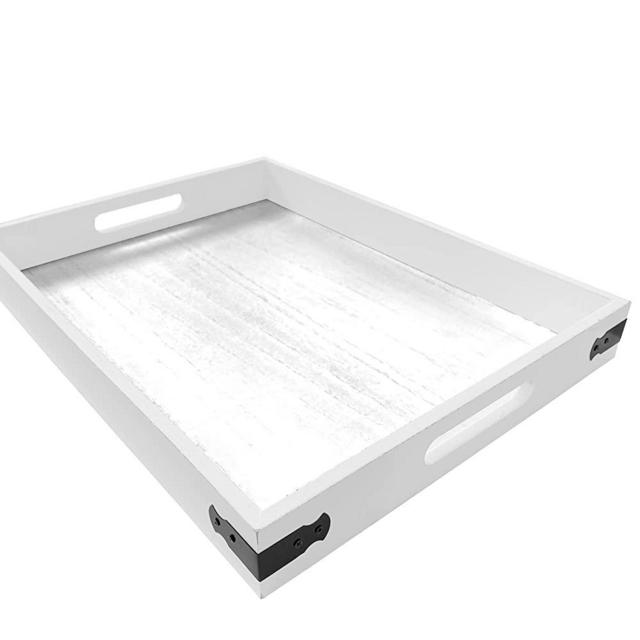 Wooden Rustic Large Serving Tray with Handles | White | Vintage Style | Unique Decorative Metal Corners | Wood Ottoman Tray | Outdoor Tray | Rustic Home Decor Tray | Tray for Coffee Table | Tea Tray