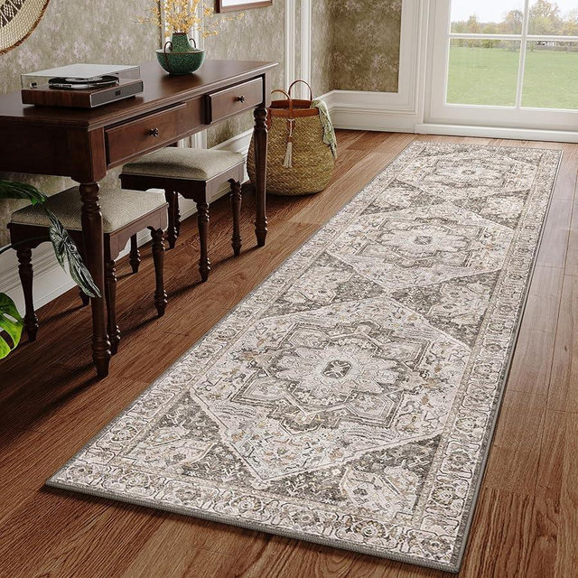 PureCozy Vintage Runner Rug 2x8 Hallway Washable Brown Bedroom Kitchen Indoor Non Slip Long Carpet Traditional Medallion Distressed Retro Accent Throw Rug for Laundry Office Dining Living Room