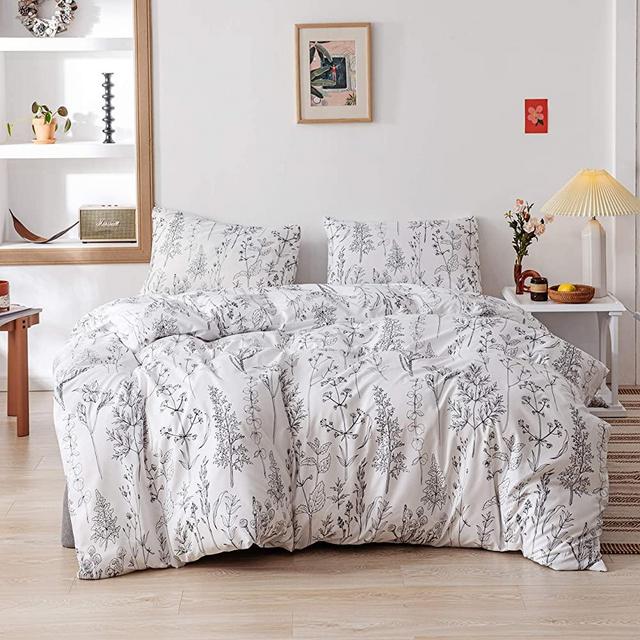 3 Pieces White King Duvet Cover, Microfiber Soft Plant Floral Duvet Cover King Size Home Bedding Set with Zipper Closure & 2 Pillow Cases