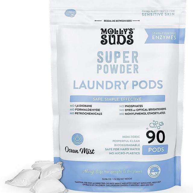 Molly's Suds Super Powder Laundry Detergent Pods | Natural Extra Strength Detergent for Sensitive Skin | Ultra Concentrated and Stain Fighting (Ocean Mist - 90 Count)