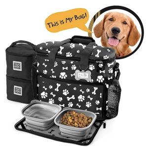 Week Away Dog Travel Bag (15"x7"x14", Paw Print) - Includes 2 Pet Food Storage Containers + 2 Collapsible Dog Water Bowls - Airline Approved Travel Accessories, Great for Weekend Trips