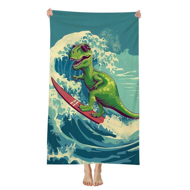 SKT T1 Dinosaur Beach Towel for Kids, Boys, Microfiber Dinosaur Bath Towel for Toddler, A Green Dinosaur Surfing on Blue Ocean Wave Dino Towels for Travel Swim Pool, Oversized 31.5x51.2