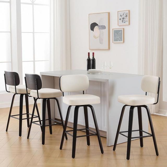 Bekrvio Swivel Counter Height Bar Stools Set of 4, Upholstered Faux Leather Barstools with Back, 26" Seat Height Bar Chairs Island Stools for Kitchen Counter, Black Wood Frame, Cream White