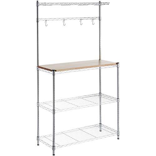 AmazonBasics Kitchen Storage Baker's Rack with Table, Wood/Chrome - 63.4" Height