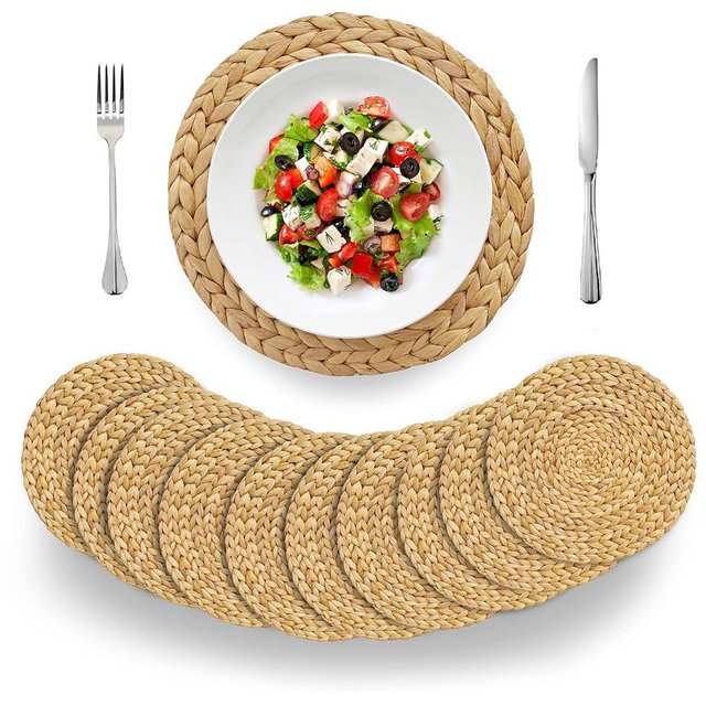 BARIEN Woven Placemats Round Set of 10, Natural Water Hyacinth Weave Placemat for Dining Table, Large Handmade Woven Placemats Heat Resistant Non-Slip (12")