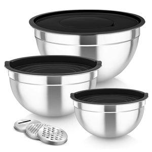 Stainless Steel Nesting Salad Bowls with Lids Set of 3 & 3 Grater Attachments