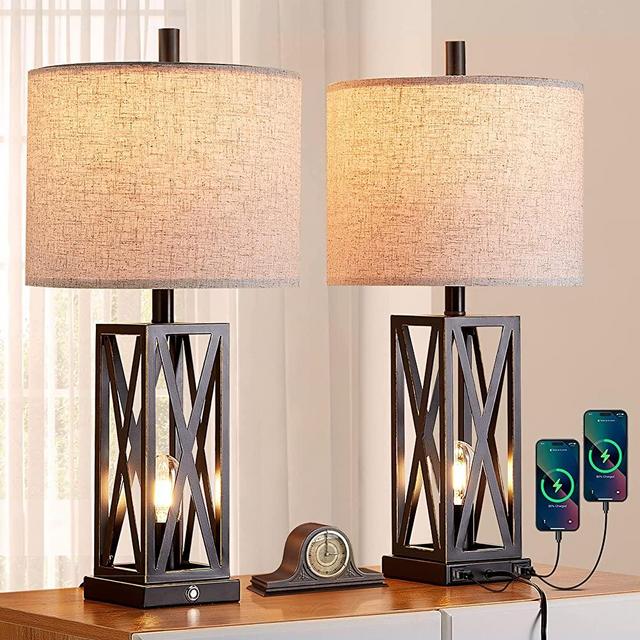 WEITERS Touch Control Table Lamps Set of 2 with USB Ports, 3-Way Dimmable Bedside Lamp for Living Room Bedroom House, Modern Nightstand Lamp with 2 Bulbs(Black with Bronze Bruch)