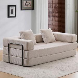 Convertible Couch Sofa Bed Foldable Floor Sleeper | Modern Fold Out Couch | Removable Backrest & Armrests | No Assembly Compression Sofa Sleeper for Living Room, Bedroom | Corduroy Fabric Beige