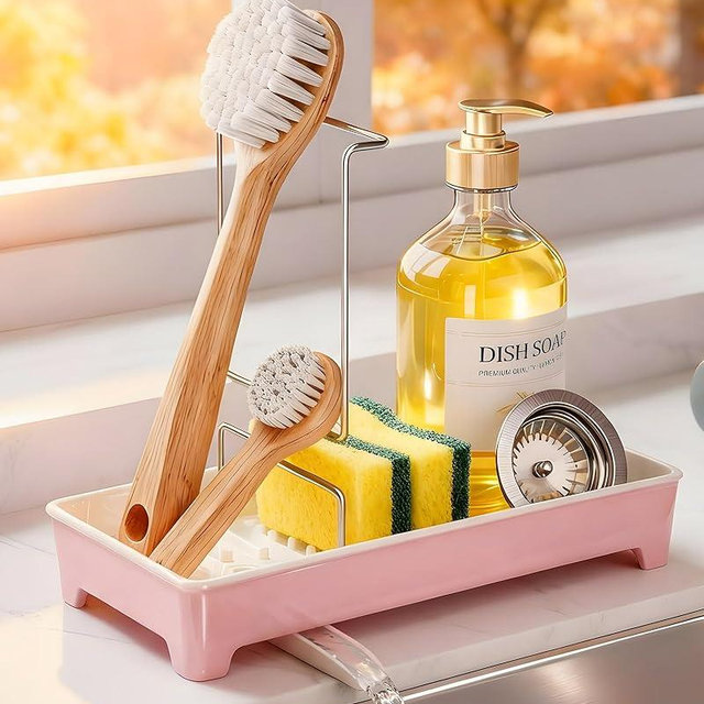 Caumic Minimalist Sink Caddy, Rustproof Sponge Holder for Kitchen Sink with 304 Stainless-Steel Brush Holder, Countertop Rack Organizer with Raised Ridges & Silicone Drain Tube (Blush Pink, Large)