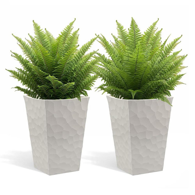 Keter Stone Tapered Planter Set of 2, Tall 26.4‑Inch Resin Outdoor Flower Pots with Stone‑Look Finish and 12.2‑Gallon Capacity, Cream