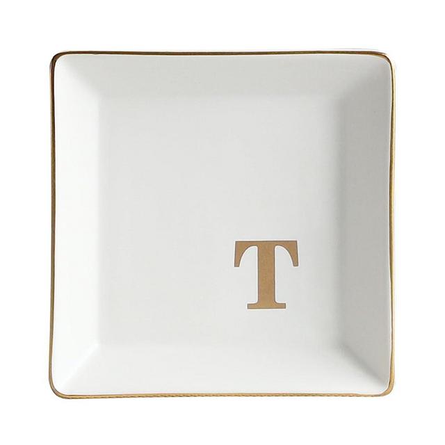 COLLECTIVE HOME - Ceramic Jewelry Tray, Monogram Decorative Trinket Dish for Rings Earrings Necklaces Bracelet Watch Keys, Birthday Mother's Day Christmas Gift for Women, 4" x 4" (T)