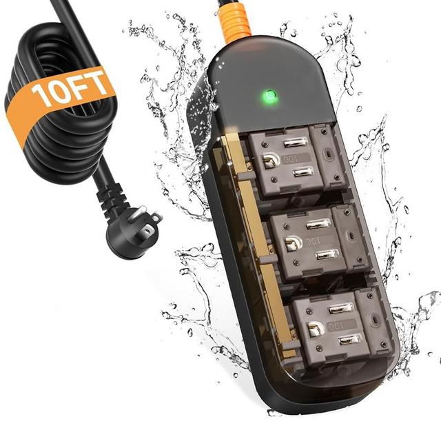 Outdoor Power Strip Weatherproof 10 FT Extension Cord Waterproof Surge Protector Power Strip, 3 AC Outlets, 1625W Overload Protection, for Camping, Home, Office, Garden, FCC UL Listed