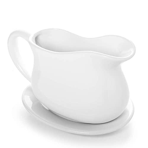Gonioa 17oz Porcelain Gravy Boat with Tray and Big Dripless Lip Spout for Gravy, Warming Sauces, Salad Dressings, Milk and More - Microwave and Dishwasher Safe