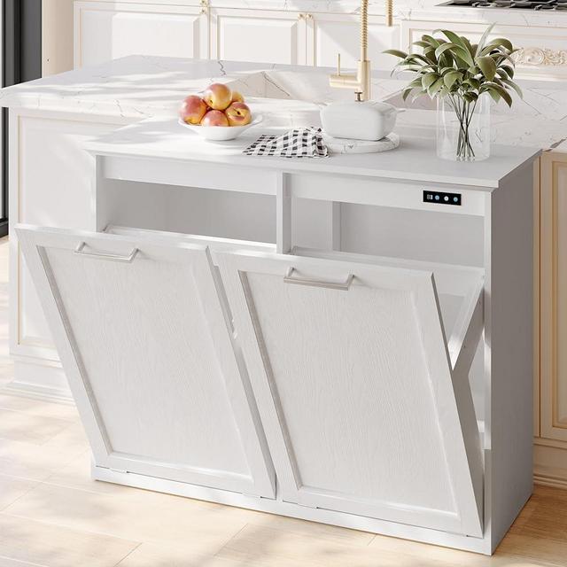 OLD CAPTAIN Tilt Out Trash Cabinet with Quick Installation and Deodorising Function, Wooden Freestanding Trash Can Cabinet Holds Up to 2x13 Gallons Capacity for Kitchen and Dining Room, White