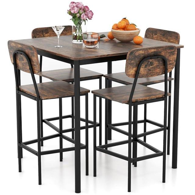 Giantex 5-Piece Dining Table Set W/Counter Height Table & 4 Bar Stools, Industrial Kitchen Dining Set W/Footrest & Backrest, Space-Saving Dinette Set for Pub, Dining Room, Restaurant (Mix Brown)