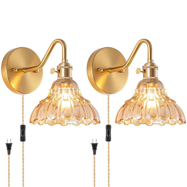 EIDEARAY Plug-in Wall Sconce (Set of 2), Vintage Wall Decorative Lamp with Amber Glass Shade, Indoor Brass Plug-in Wall Sconce for Bedroom, Living Room, Bathroom, Hallway