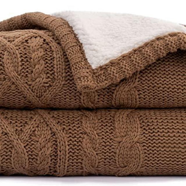 RECYCO Acrylic Cable Knit Sherpa Throw Blanket for Couch, Thick Super Soft Cozy Knit Blanket Sweater Style Sherpa Knitted Throw Blankets for Bed Sofa Chair, 50 x 60 Inches, Brown