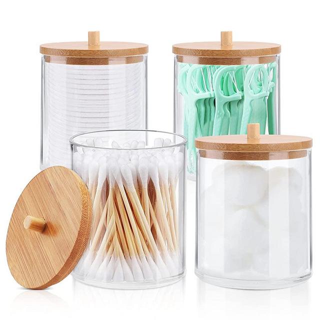 TCJJ 4 Pack Acrylic Qtip Holder Dispenser Bathroom Jars with Bamboo Lids, Cotton Ball Pad Round Swab Holder for Bathroom Accessories Storage Organizer