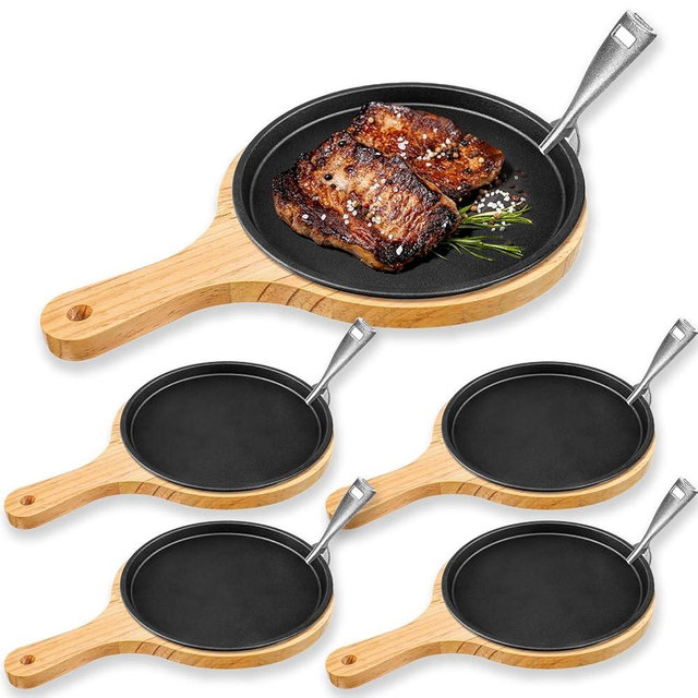 Mimorou 4 Sets Cast Iron Fajita Plate Set 9.45'' Fajita Plate Pan with Wooden Tray Anti Scald Protection Handle Cast Iron Skillet Set for Restaurant Home BBQ Party Restaurant