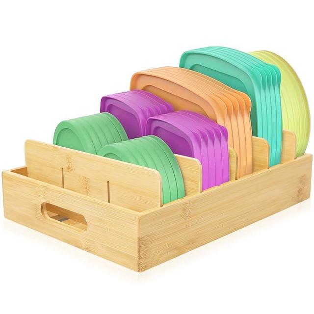 RoyalHouse Bamboo Food Container Lid Organizer with Adjustable Dividers, Box for Kitchen Storage And Organization