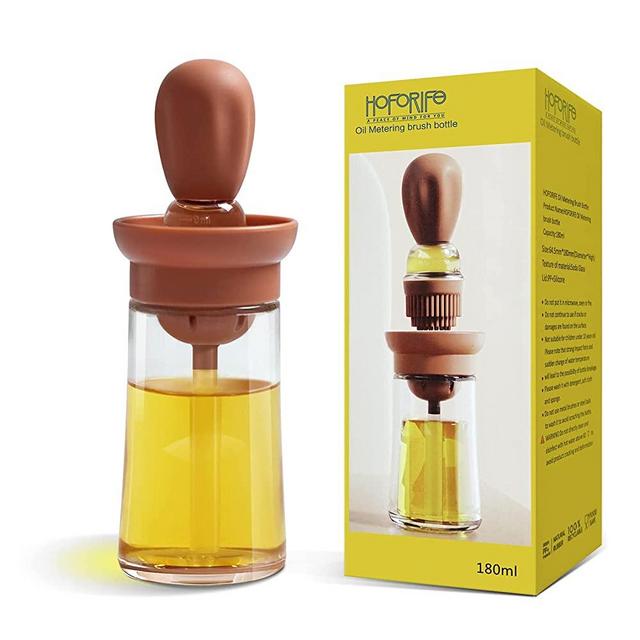 HOFORIFE Glass Olive Oil Bottle And Brush 2 In 1, Silicone Dropper Measuring Oil Dispenser Bottle Kitchen Cooking Baking BBQ Grill Vinegar Turkey Basting Pastry Brushes