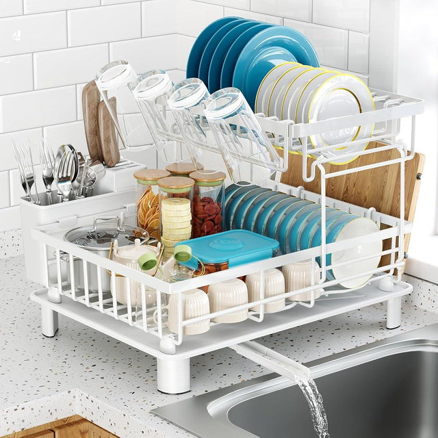 IMXSUMDA Dish Drying Rack, 2 Tier Dish Racks for Kitchen Counter, Compact Dish Drainer Rack, Detachable Dish Rack with Drainboard, Utensil Holder, Cup Holder for Small Space - White