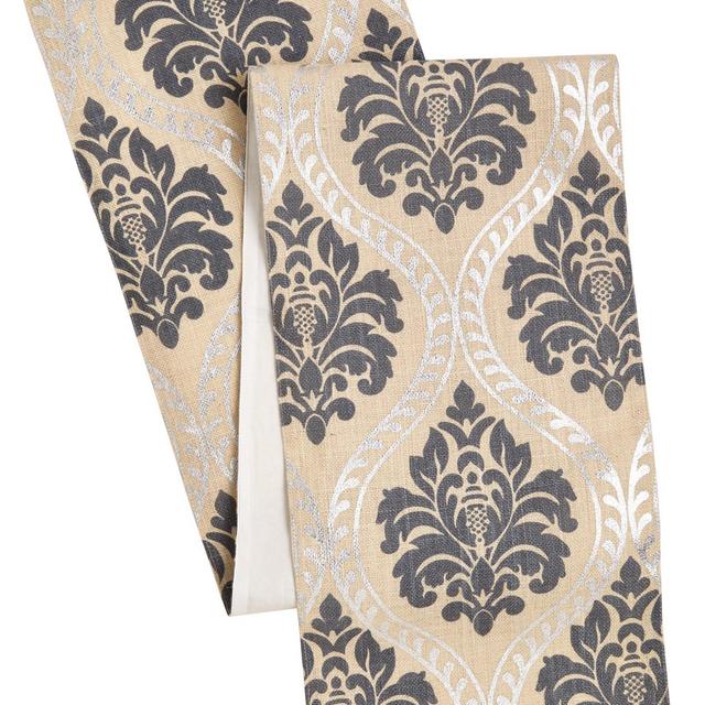 Cotton Craft - Jute Damask Table Runner - Grey Silver - Highlighted With a Rich Colorful Silver Foil Metallic Print - Size - 13x90 - Make every dinner a celebration - Spot Clean Only
