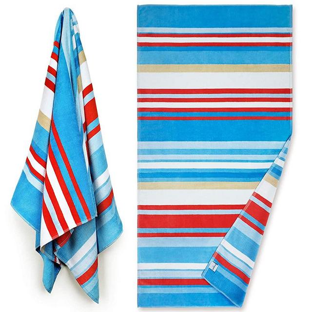 Reversible Premium Large Beach Towel 34 x 64 inch - Luxury Soft Velour in Front and Absorbent Cotton Terry Loop on Reverse Side. (Warm Stripes, Single 34"x 64")