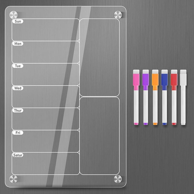 CasaCulina Magnetic Acrylic Weekly Meal Planner Menu Board for Fridge, 12"x8" Weekly Calendar Clear Dry Erase Board for Refrigerator with 6 Colors Markers, Weekly Menu Magnet Fridge