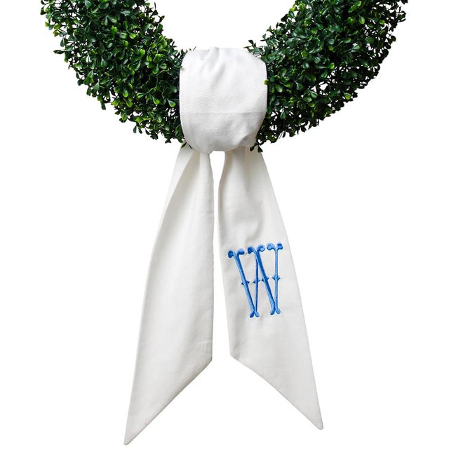 Monogram Wreath Sash for Front Door, White Embroidered Linen Wreath Sash, Porch Accessory for Xmas Party Yard, Wedding, and Boxwood Decoration, Indoor Outdoor Décor - (W)