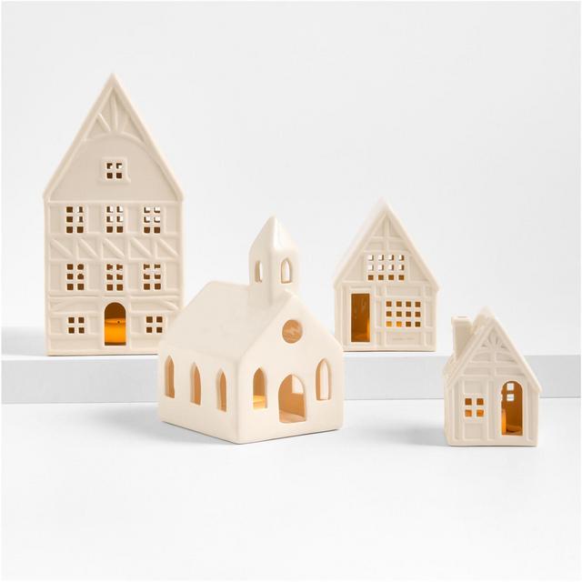 White Ceramic Holiday House, Set of 4