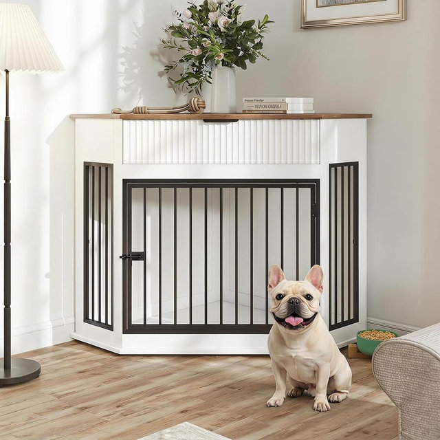 44.6" Corner Dog Crate Furniture with Storage Drawer, Dog Kennel Furniture, Dog Crates for Medium Dogs, Small Dog Crate, Dog Kennel Indoor & Dog Cage, Wooden Crates for Dogs Indoor, White