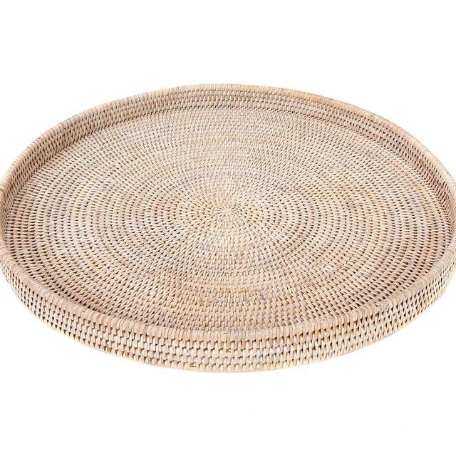 Tava Handwoven Rattan Round Serving Tray, White Wash