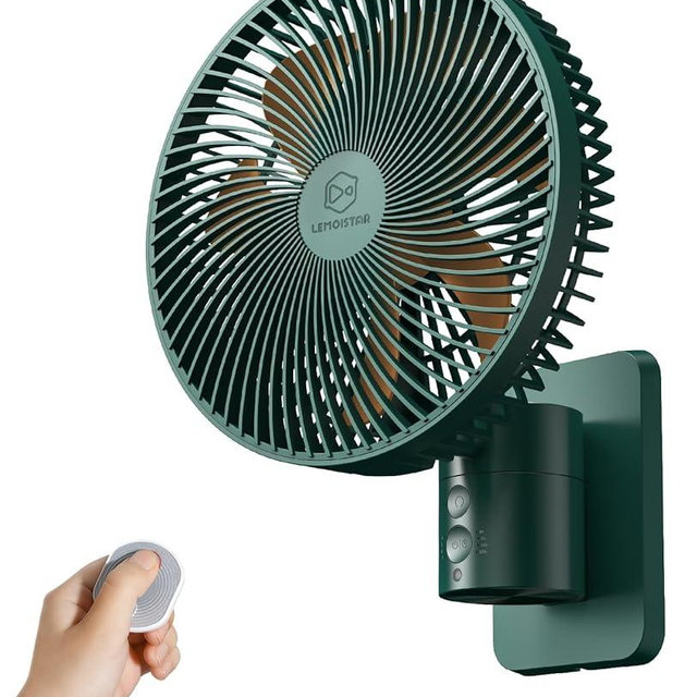 LEMOISTAR 8 Inch Small Wall Mounted Fan with Remote Control, 90° Oscillating, 4 Speeds High Velocity, Timer, Adjustable Tilt, 70 Inch Cord, Quiet, for RV Bedroom Home Office Garage-Green&Orange