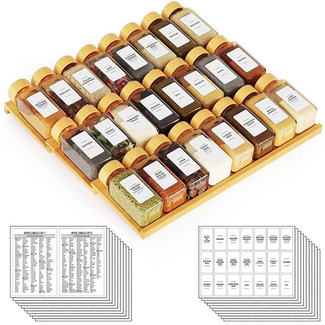 SpaceAid Bamboo Spice Drawer Organizer with 24 Spice Jars, 378 White Minimalist Spice Labels, 3 Tier Seasoning Rack Tray Insert for Kitchen Drawers, 15" Wide x 15" Deep x 2.6" Tall